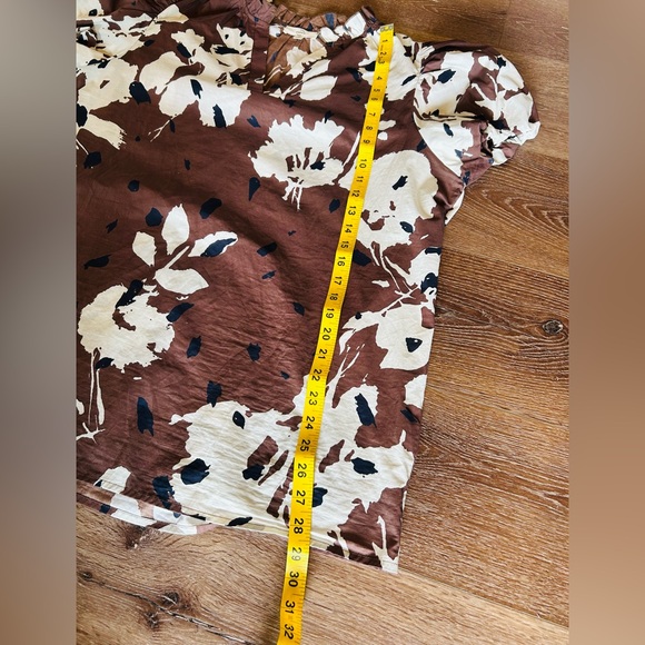 Entro XL Floral Puff Sleeve Blouse Brown Cream Ruffle Neck Boho Boutique Top - Picture 7 of 7